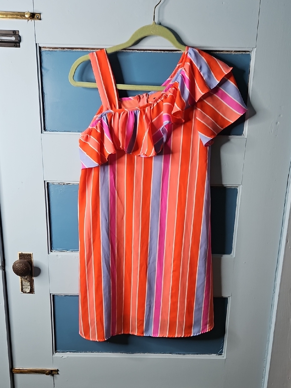 💕Sequin Hearts Girls' One-Shoulder Ruffle Stripe Dress - Orange & Pink XL